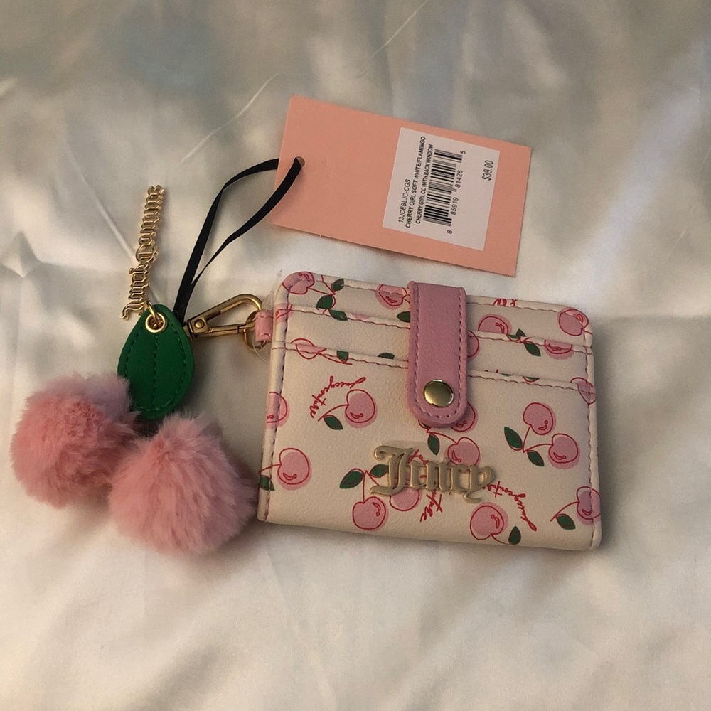Juicy Couture Cherry Girl Card Case With Back Window Soft White & Flamingo NWT